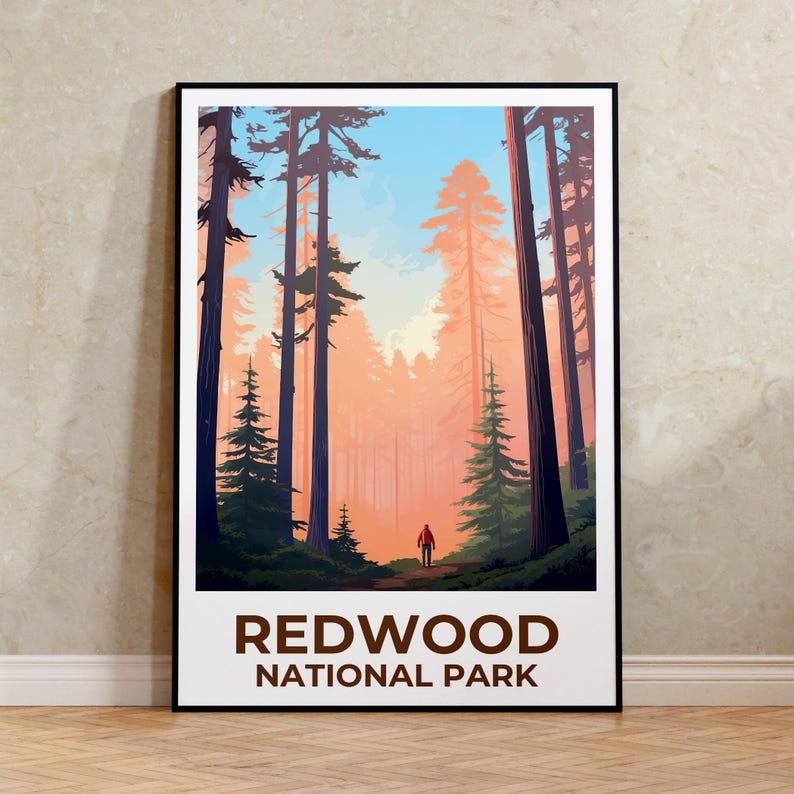 Redwood National Park Travel Print, California Poster, Tall Trees Wall Art, Forest Illustration, Redwood Poster, Home Decor, Birthday Gift