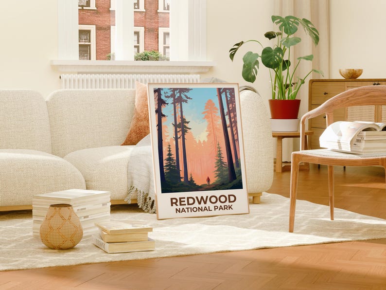 Redwood National Park Travel Print, California Poster, Tall Trees Wall Art, Forest Illustration, Redwood Poster, Home Decor, Birthday Gift