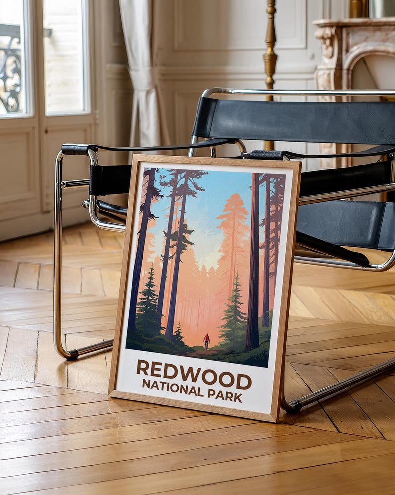 Redwood National Park Travel Print, California Poster, Tall Trees Wall Art, Forest Illustration, Redwood Poster, Home Decor, Birthday Gift