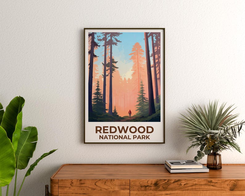 Redwood National Park Travel Print, California Poster, Tall Trees Wall Art, Forest Illustration, Redwood Poster, Home Decor, Birthday Gift