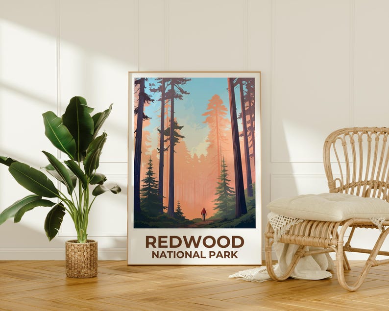 Redwood National Park Travel Print, California Poster, Tall Trees Wall Art, Forest Illustration, Redwood Poster, Home Decor, Birthday Gift