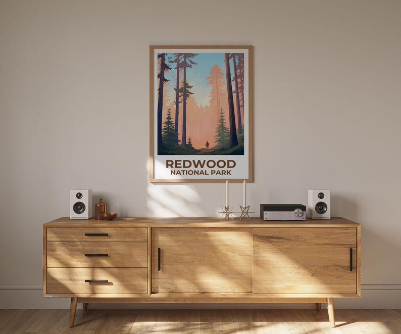 Redwood National Park Travel Print, California Poster, Tall Trees Wall Art, Forest Illustration, Redwood Poster, Home Decor, Birthday Gift
