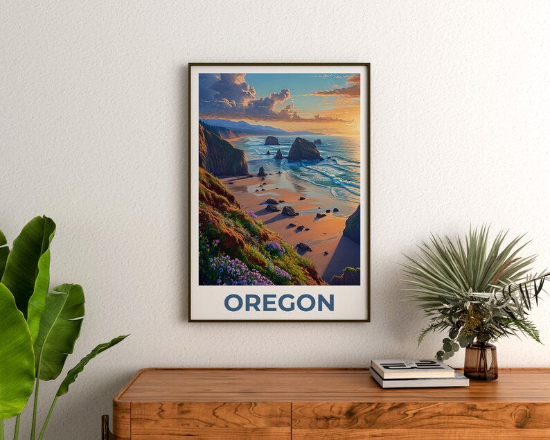 Oregon Travel Print, Cannon Beach Poster, Coastal Art, Oregon Illustration, Landscape Poster, Scenic Poster, Home Decor, Birthday Gift