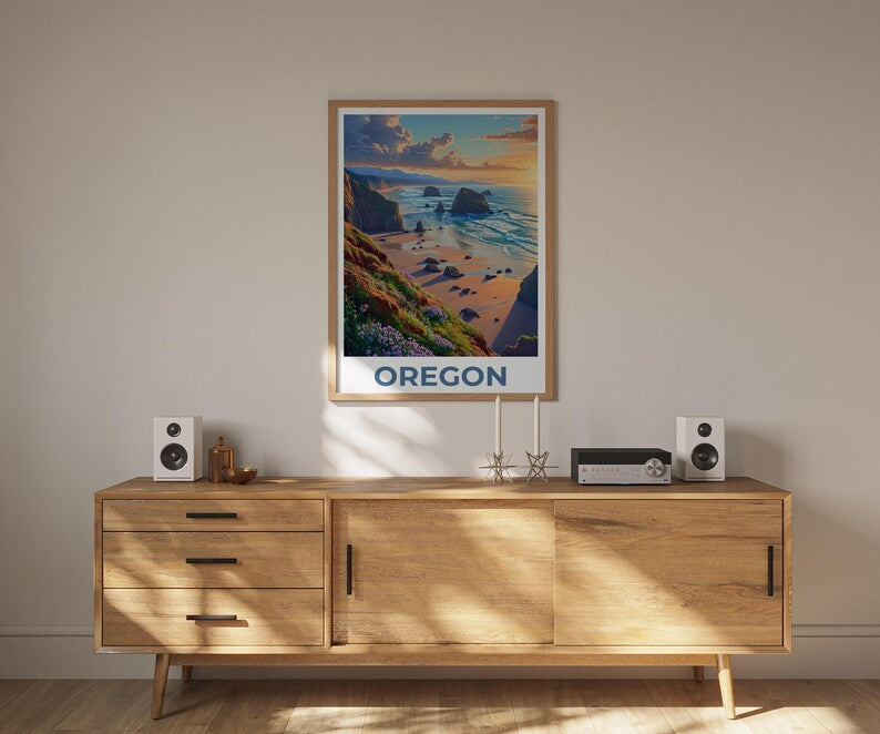 Oregon Travel Print, Cannon Beach Poster, Coastal Art, Oregon Illustration, Landscape Poster, Scenic Poster, Home Decor, Birthday Gift