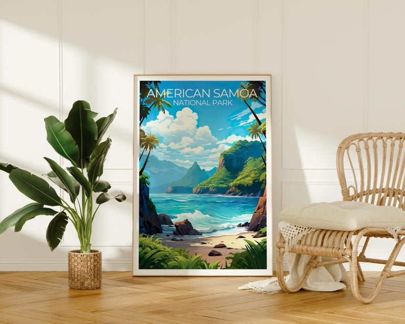 American Samoa Travel Print, Samoa Islands Poster, Beach Wall Art, Coast Illustration, Samoan Poster, Home Decor, Birthday Gift
