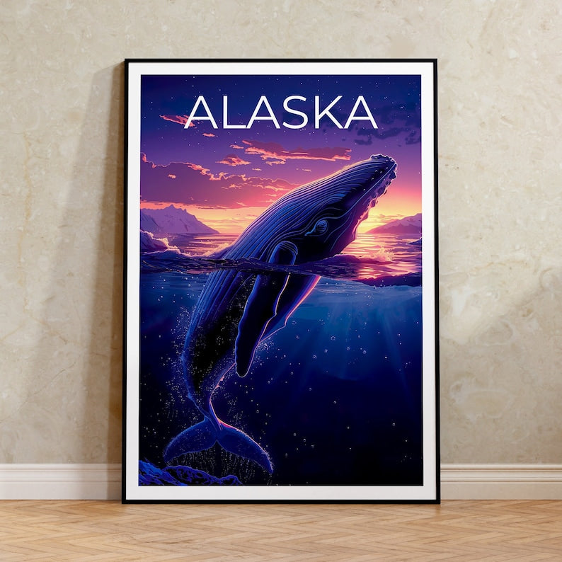 Alaska Poster, Alaska Print, Blue Whale Poster, Blue Whale Print, Alaska Travel Poster, Whale Art, Alaska Art