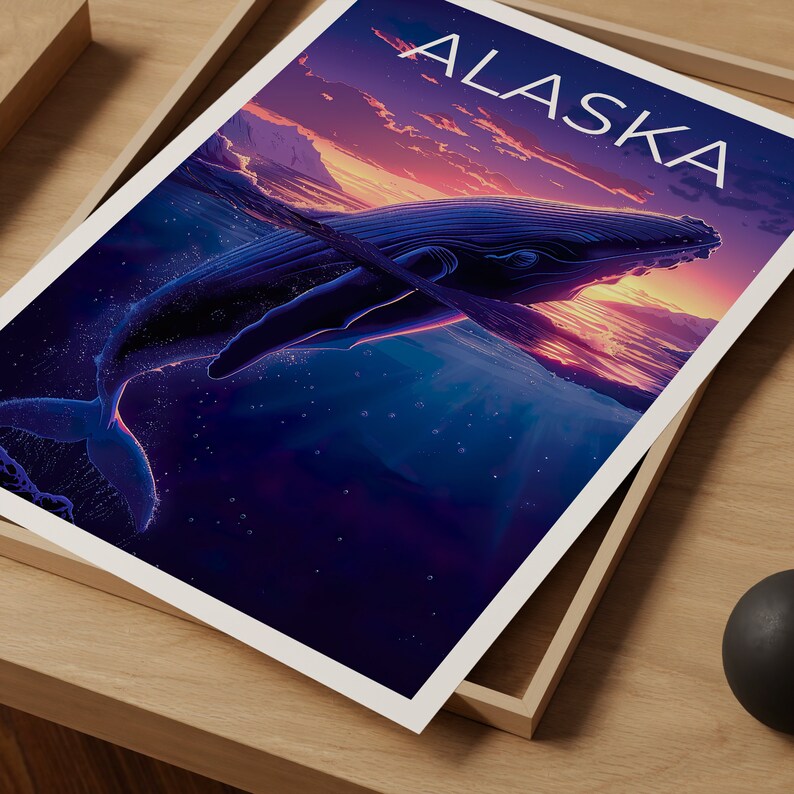 Alaska Poster, Alaska Print, Blue Whale Poster, Blue Whale Print, Alaska Travel Poster, Whale Art, Alaska Art