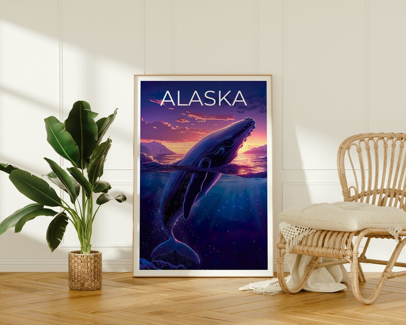 Alaska Poster, Alaska Print, Blue Whale Poster, Blue Whale Print, Alaska Travel Poster, Whale Art, Alaska Art