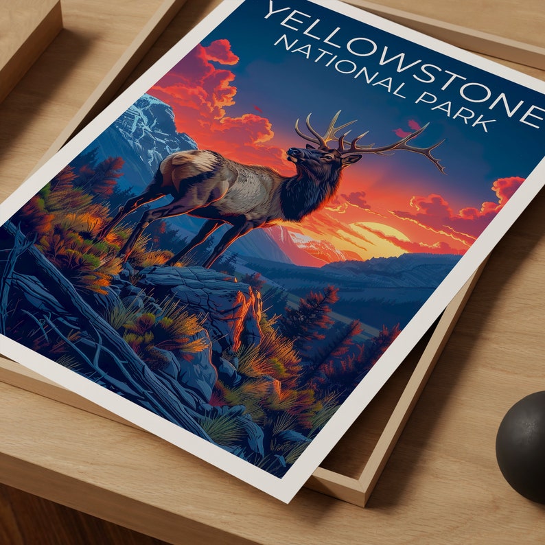 Affiche du parc national de Yellowstone, impression Yellowstone, affiche Wyoming, impression Wyoming, affiche Yellowstone, affiche cerf, art Yellowstone