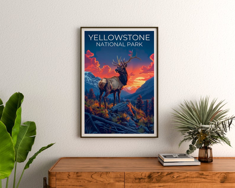 Affiche du parc national de Yellowstone, impression Yellowstone, affiche Wyoming, impression Wyoming, affiche Yellowstone, affiche cerf, art Yellowstone