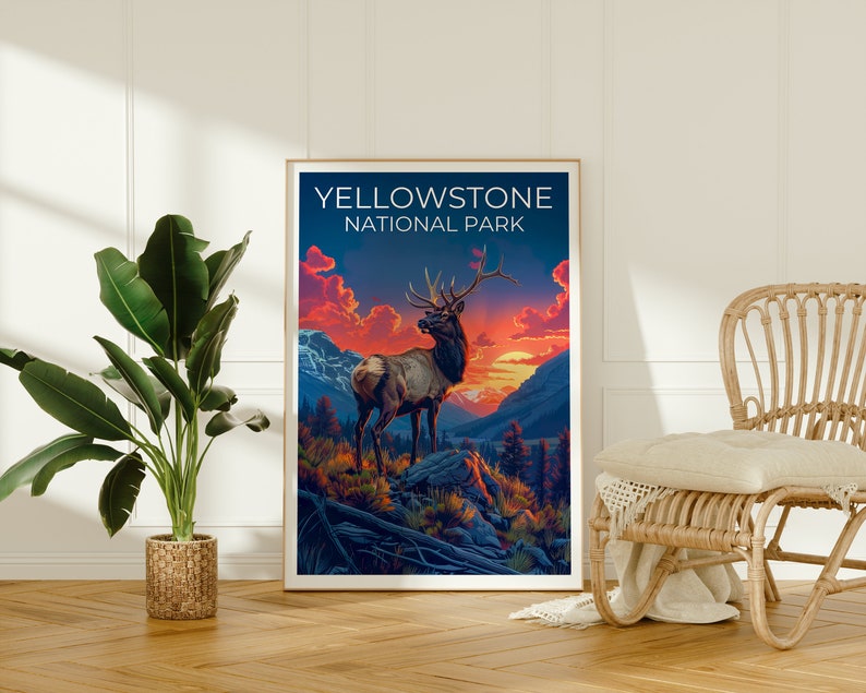 Affiche du parc national de Yellowstone, impression Yellowstone, affiche Wyoming, impression Wyoming, affiche Yellowstone, affiche cerf, art Yellowstone