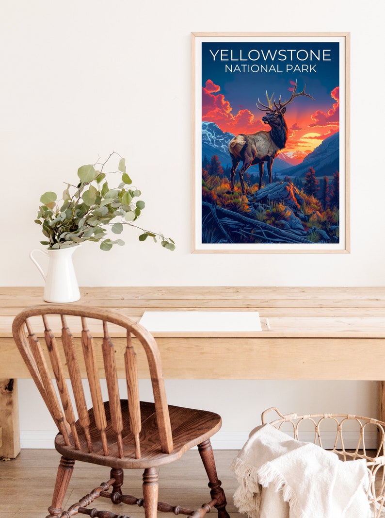Affiche du parc national de Yellowstone, impression Yellowstone, affiche Wyoming, impression Wyoming, affiche Yellowstone, affiche cerf, art Yellowstone
