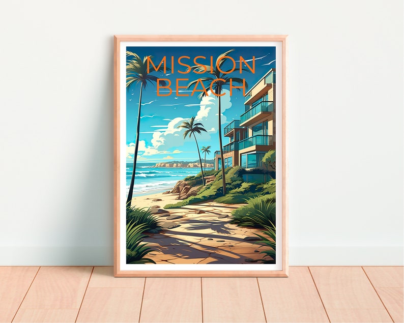 Affiche de voyage Mission Beach, art mural de Californie, impression de Californie, affiche Mission Beach, affiche de Californie, affiche de nature,