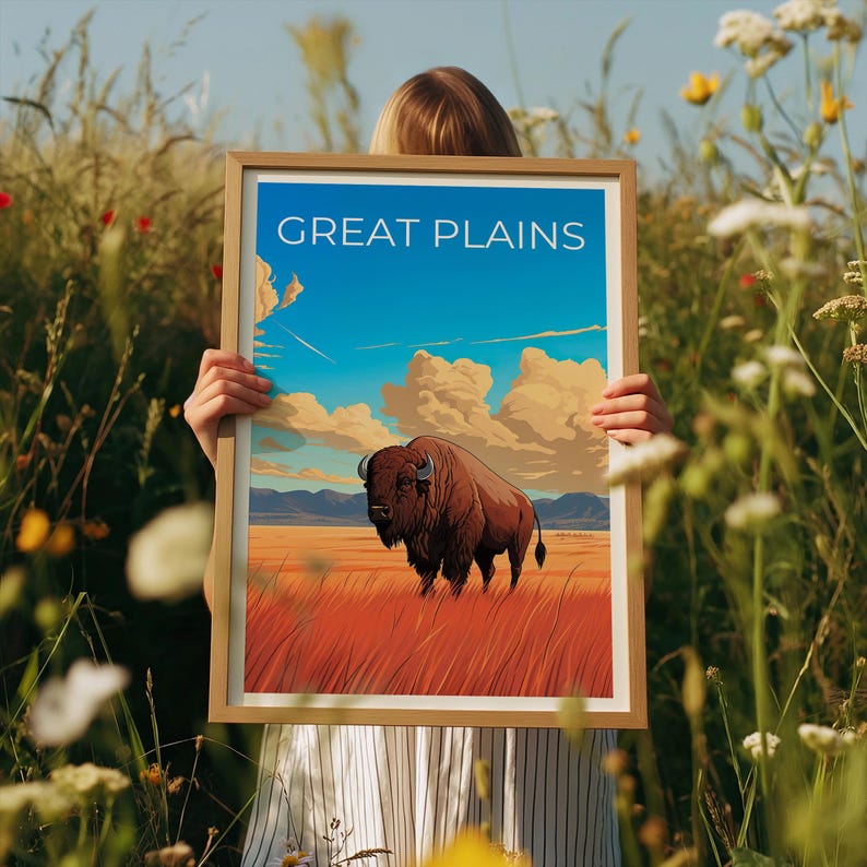 Great Plains Travel Print Bison Poster Americana Wall Art Rustic Illustration Great Plains  Poster Home Decor Birthday Gift