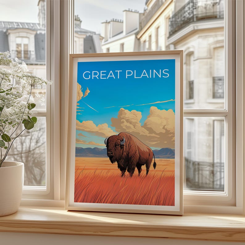 Great Plains Travel Print Bison Poster Americana Wall Art Rustic Illustration Great Plains  Poster Home Decor Birthday Gift