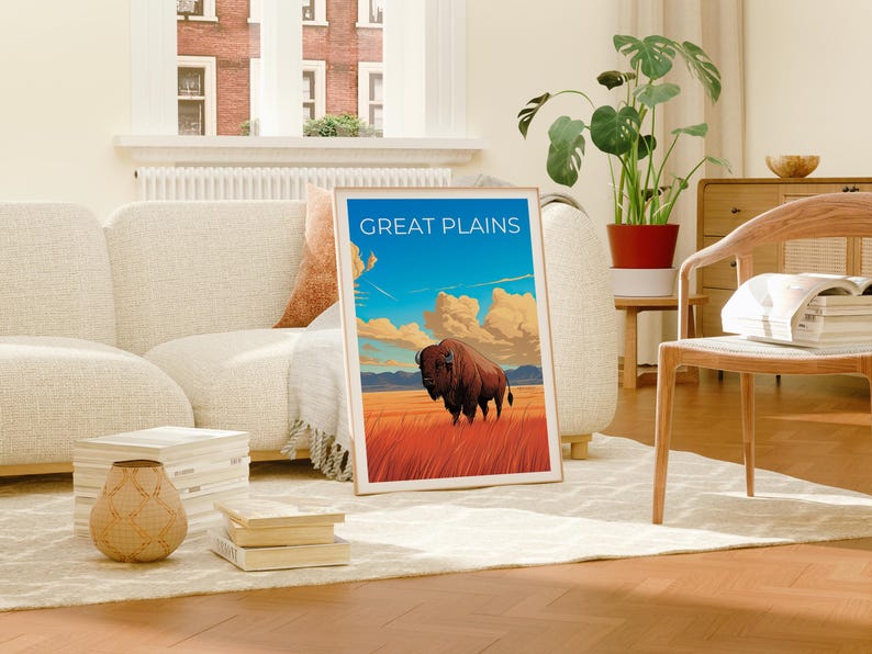 Great Plains Travel Print Bison Poster Americana Wall Art Rustic Illustration Great Plains  Poster Home Decor Birthday Gift