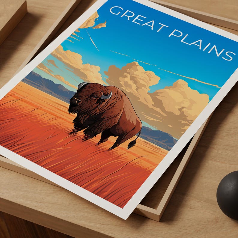 Great Plains Travel Print Bison Poster Americana Wall Art Rustic Illustration Great Plains  Poster Home Decor Birthday Gift