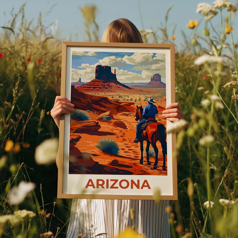 Monument Valley Travel Print, Arizona Poster, Cowboy Wall Art, Horse Illustration, Monument Valley Poster, Home Decor, Birthday Gift