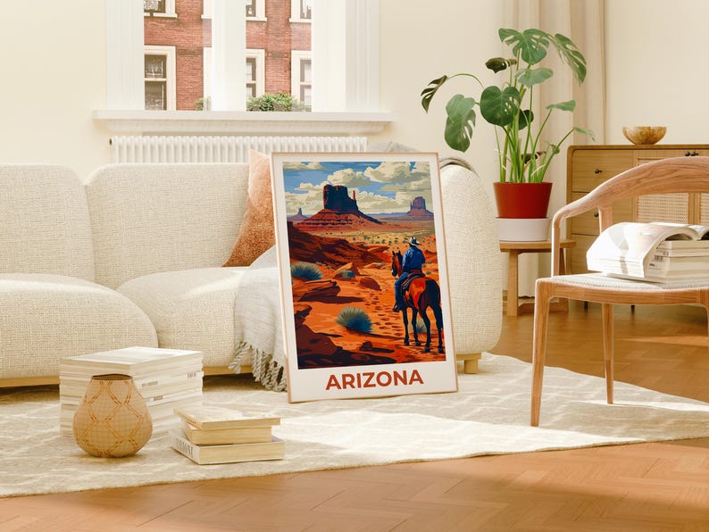 Monument Valley Travel Print, Arizona Poster, Cowboy Wall Art, Horse Illustration, Monument Valley Poster, Home Decor, Birthday Gift
