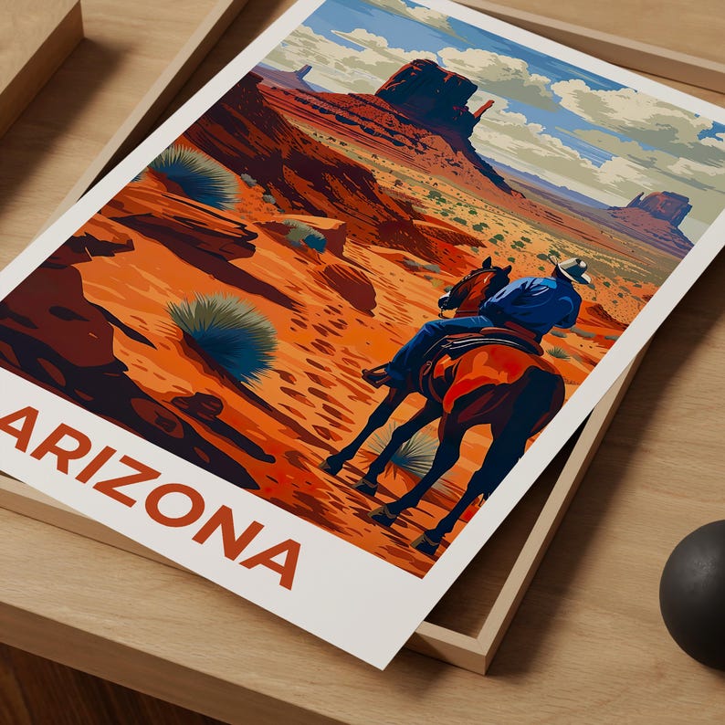 Monument Valley Travel Print, Arizona Poster, Cowboy Wall Art, Horse Illustration, Monument Valley Poster, Home Decor, Birthday Gift
