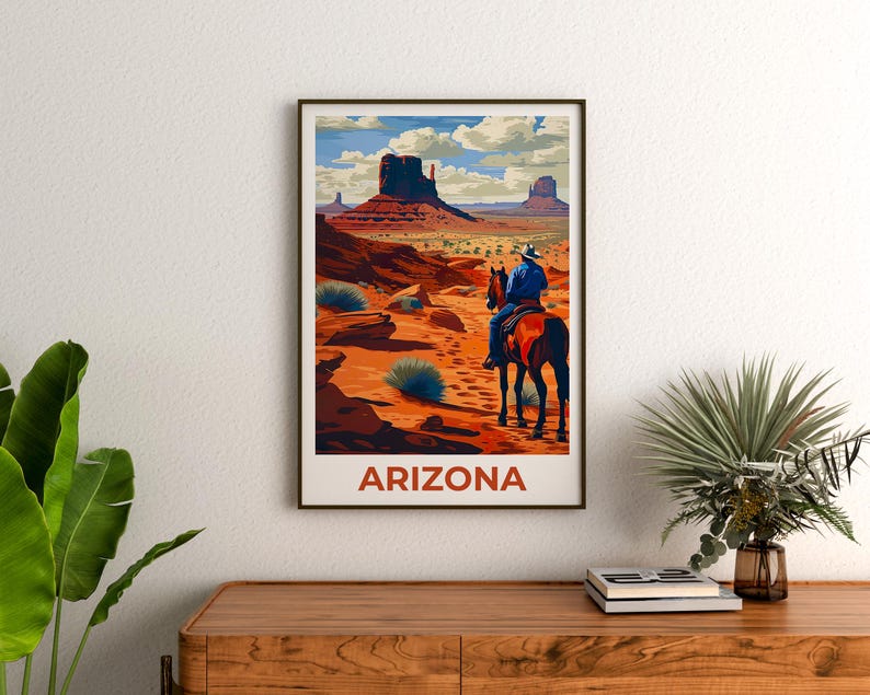 Monument Valley Travel Print, Arizona Poster, Cowboy Wall Art, Horse Illustration, Monument Valley Poster, Home Decor, Birthday Gift