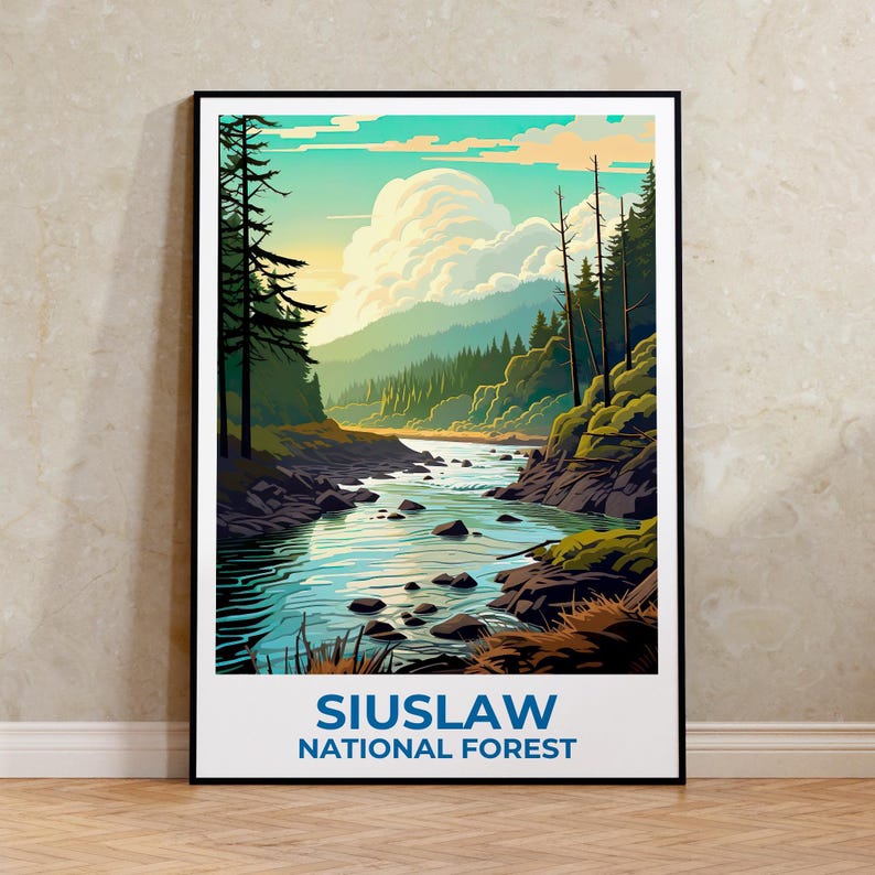 Siuslaw National Forest Travel Print Oregon Poster Forest Wall Art Mountain Illustration Siuslaw Poster Home Decor Birthday Gift