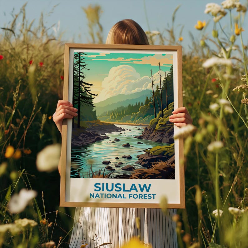 Siuslaw National Forest Travel Print Oregon Poster Forest Wall Art Mountain Illustration Siuslaw Poster Home Decor Birthday Gift