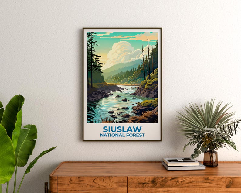 Siuslaw National Forest Travel Print Oregon Poster Forest Wall Art Mountain Illustration Siuslaw Poster Home Decor Birthday Gift
