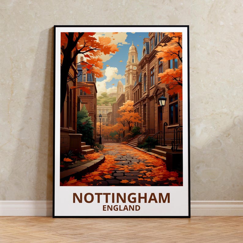 Nottingham Travel Print England Poster United Kingdom Wall Art Great Britain Illustration Nottingham Poster Home Decor Birthday Gift