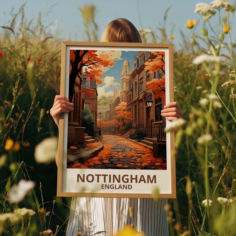 Nottingham Travel Print England Poster United Kingdom Wall Art Great Britain Illustration Nottingham Poster Home Decor Birthday Gift