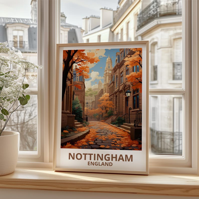 Nottingham Travel Print England Poster United Kingdom Wall Art Great Britain Illustration Nottingham Poster Home Decor Birthday Gift