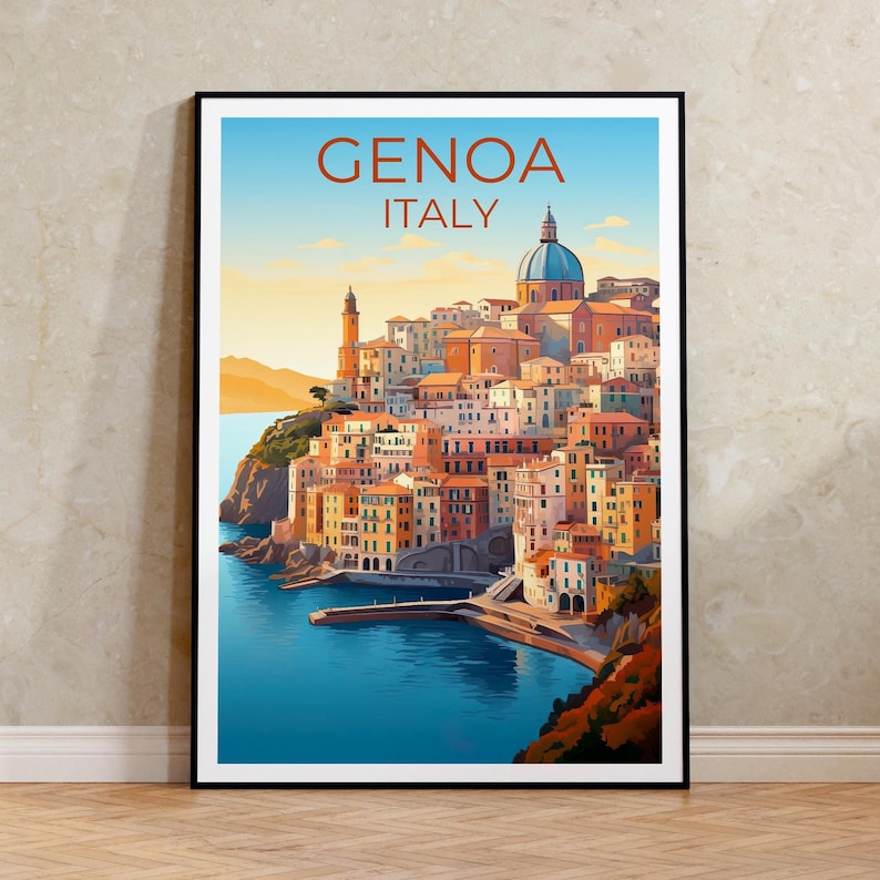 Genoa Travel Print, Italy Poster, Europe Wall Art, Harbor Illustration, Genoa Poster, Home Decor, Birthday Gift