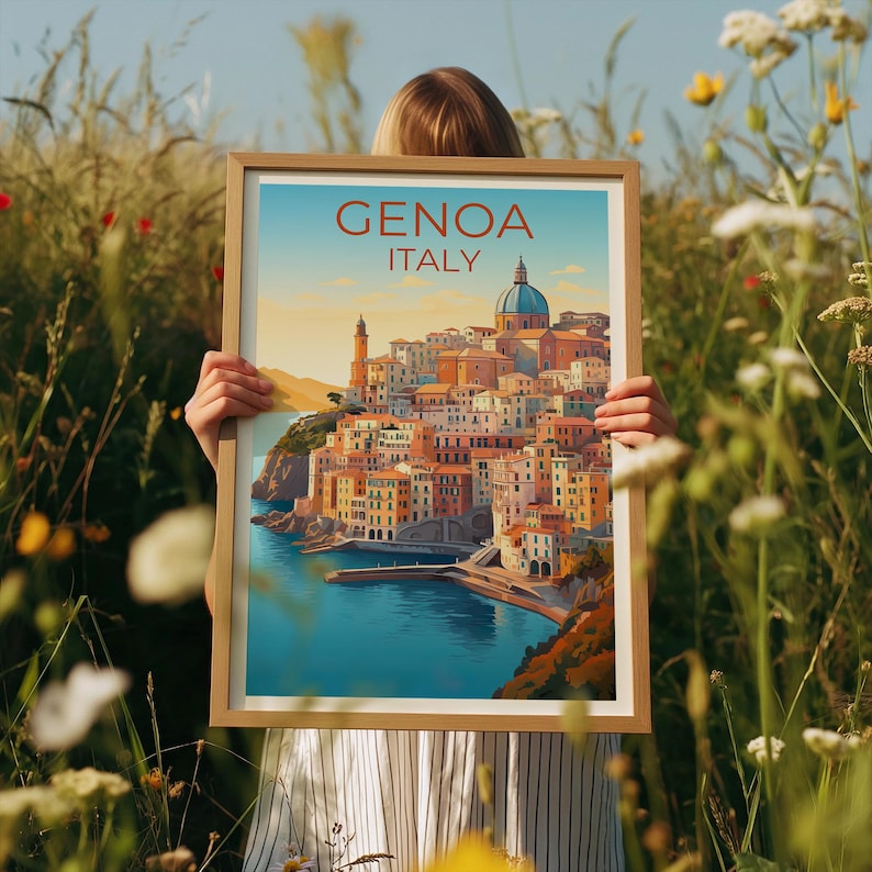 Genoa Travel Print, Italy Poster, Europe Wall Art, Harbor Illustration, Genoa Poster, Home Decor, Birthday Gift