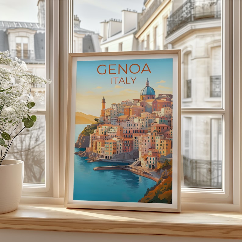 Genoa Travel Print, Italy Poster, Europe Wall Art, Harbor Illustration, Genoa Poster, Home Decor, Birthday Gift