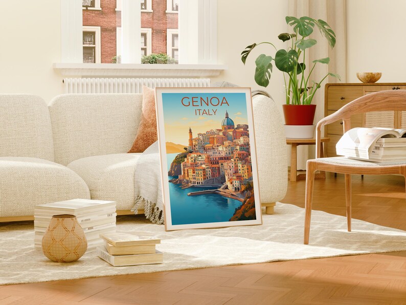 Genoa Travel Print, Italy Poster, Europe Wall Art, Harbor Illustration, Genoa Poster, Home Decor, Birthday Gift
