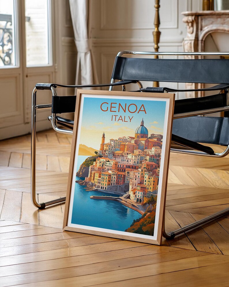 Genoa Travel Print, Italy Poster, Europe Wall Art, Harbor Illustration, Genoa Poster, Home Decor, Birthday Gift