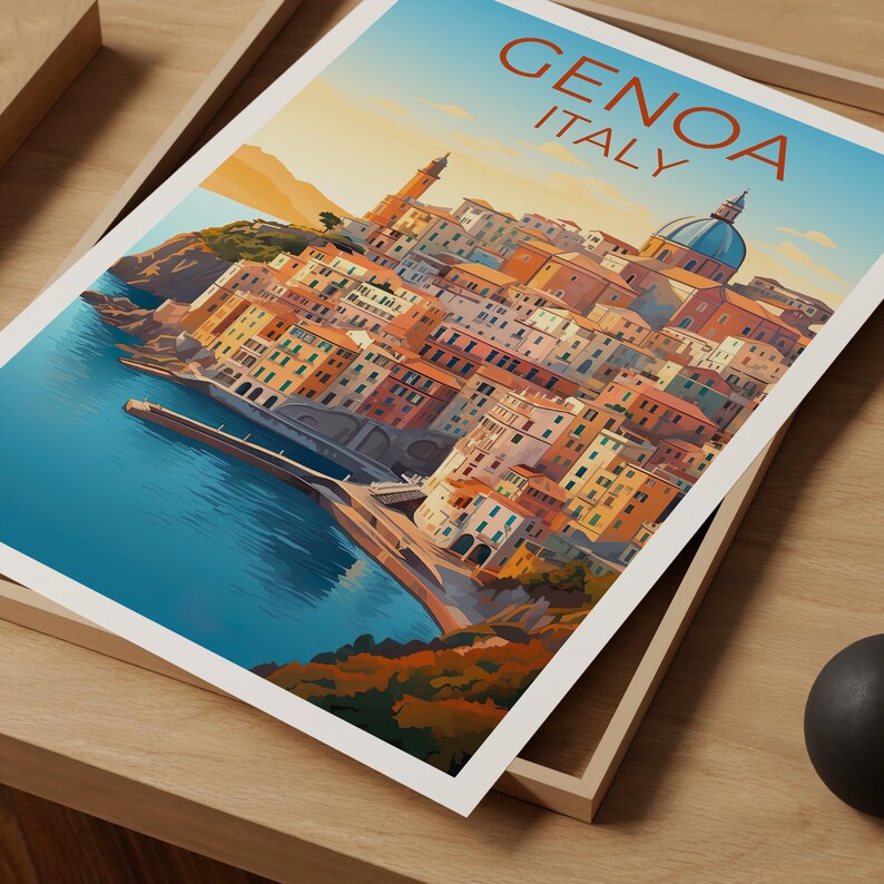 Genoa Travel Print, Italy Poster, Europe Wall Art, Harbor Illustration, Genoa Poster, Home Decor, Birthday Gift