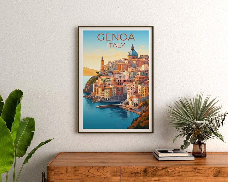 Genoa Travel Print, Italy Poster, Europe Wall Art, Harbor Illustration, Genoa Poster, Home Decor, Birthday Gift