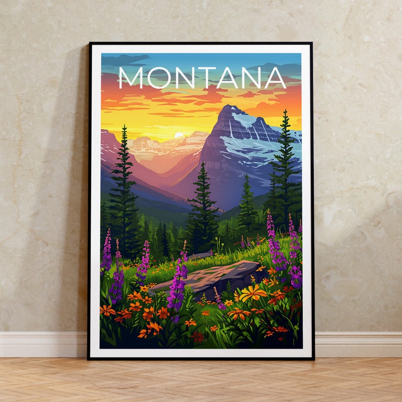 Montana Travel Poster, Montana Wall Art, Montana Print, Montana Poster, Mountain Poster, Flowers Poster, Montana Art