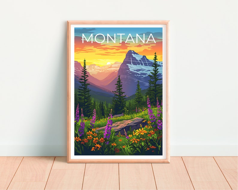 Montana Travel Poster, Montana Wall Art, Montana Print, Montana Poster, Mountain Poster, Flowers Poster, Montana Art