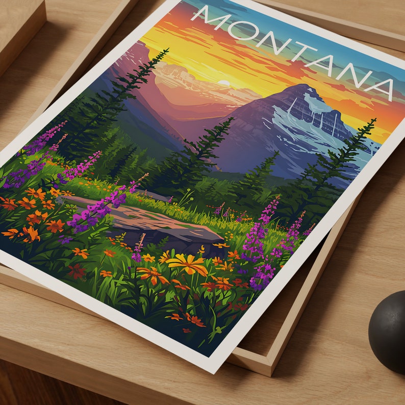 Montana Travel Poster, Montana Wall Art, Montana Print, Montana Poster, Mountain Poster, Flowers Poster, Montana Art