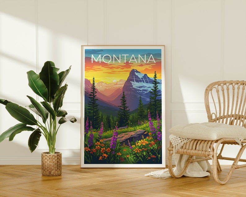 Montana Travel Poster, Montana Wall Art, Montana Print, Montana Poster, Mountain Poster, Flowers Poster, Montana Art