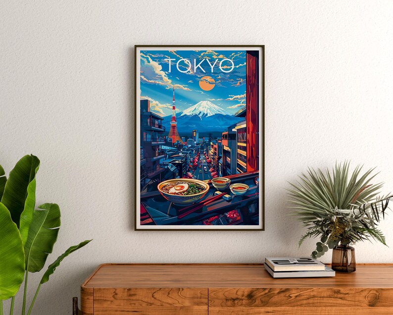 Tokyo Poster, Japan Travel Print, Japanese Ramen Art, Mount Fuji Illustration, Landscape Poster, Home Decor, Birthday Gift