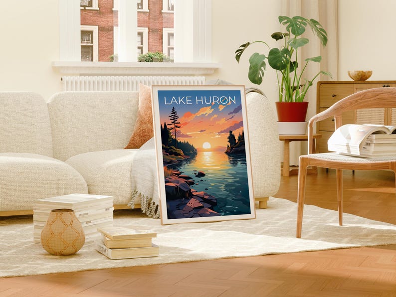 Lake Huron Travel Print, Michigan Poster, Great Lakes Wall Art, Michigan Illustration, Lake Huron Poster, Home Decor, Birthday Gift