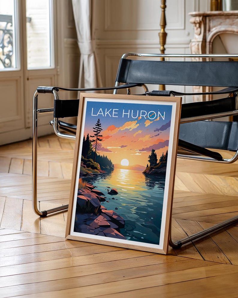 Lake Huron Travel Print, Michigan Poster, Great Lakes Wall Art, Michigan Illustration, Lake Huron Poster, Home Decor, Birthday Gift