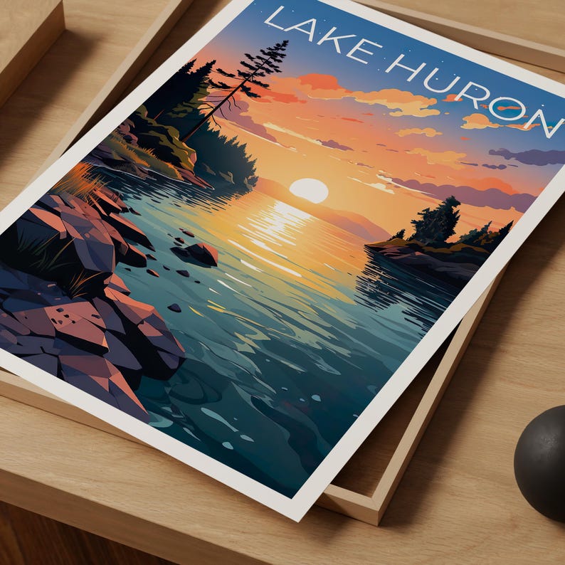 Lake Huron Travel Print, Michigan Poster, Great Lakes Wall Art, Michigan Illustration, Lake Huron Poster, Home Decor, Birthday Gift