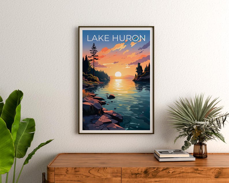 Lake Huron Travel Print, Michigan Poster, Great Lakes Wall Art, Michigan Illustration, Lake Huron Poster, Home Decor, Birthday Gift