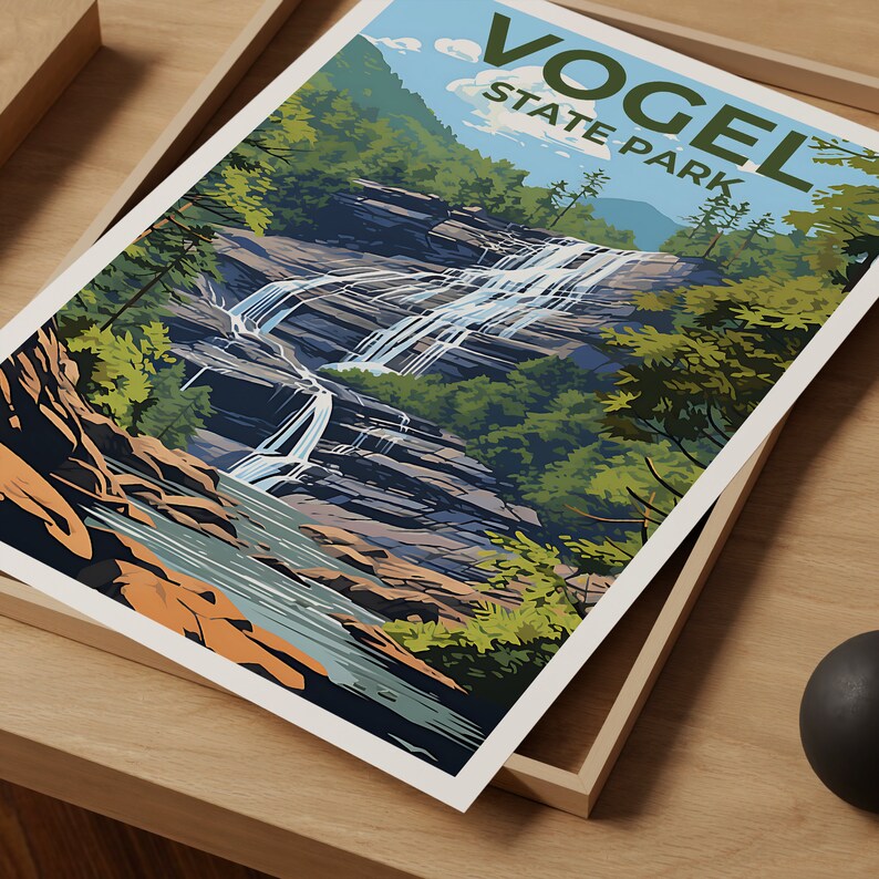 Affiche de voyage du parc d'État de Vogel, art mural de Géorgie, impression de Géorgie, affiche du parc d'État de Vogel, affiche de cascade, affiche de nature, art de Vogel