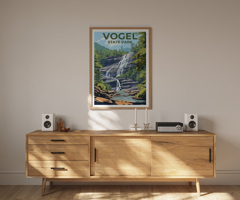 Affiche de voyage du parc d'État de Vogel, art mural de Géorgie, impression de Géorgie, affiche du parc d'État de Vogel, affiche de cascade, affiche de nature, art de Vogel