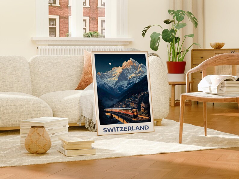 Switzerland Travel Print, Interlaken Poster, Swiss Art, Switzerland Illustration, Landscape Poster, Swiss Train, Home Decor, Birthday Gift